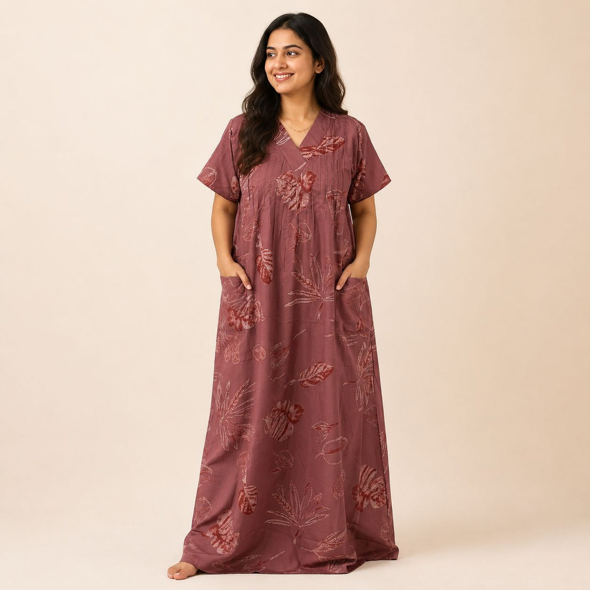 Mauve Pink Printed V-Neck Alfine Churidar Cut Nighty | Free Size | Chest Width 44″| Length 56″