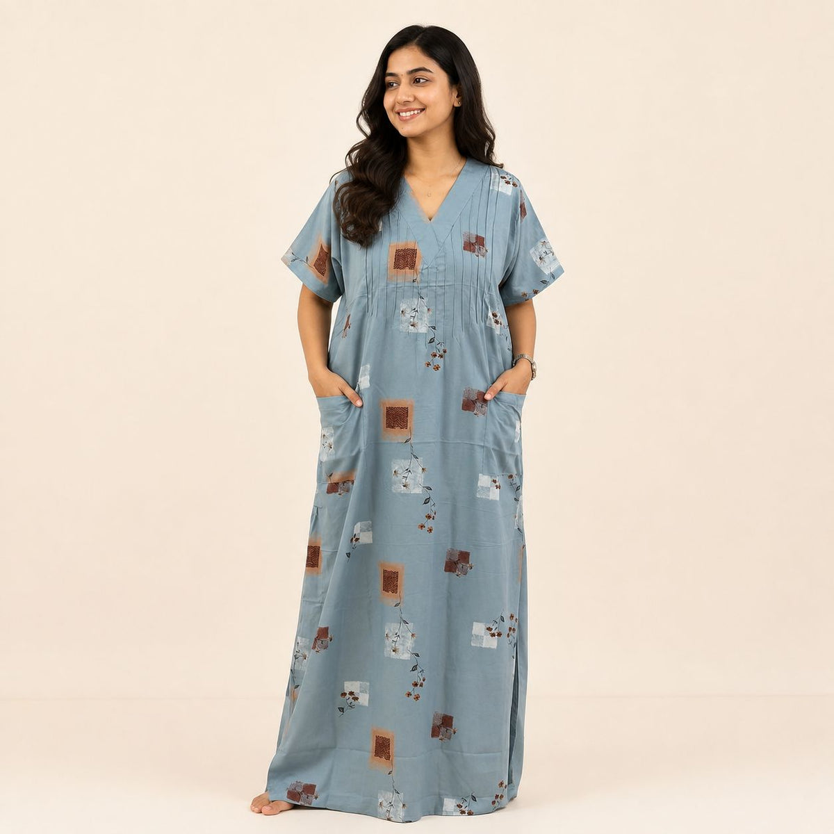 Ash Blue Printed V-Neck Alfine Churidar Cut Nighty | Free Size | Chest Width 44″| Length 56″
