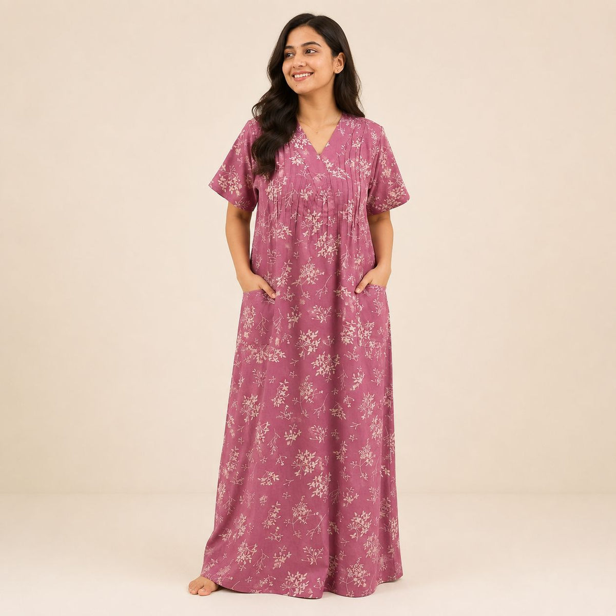Pink Floral Printed V-Neck Alfine Churidar Cut Nighty | Free Size | Chest Width 44″| Length 56″