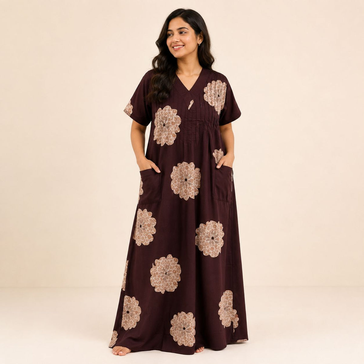 Coffee Brown Floral Printed V-Neck Alfine Churidar Cut Nighty | Free Size | Chest Width 44″| Length 56″
