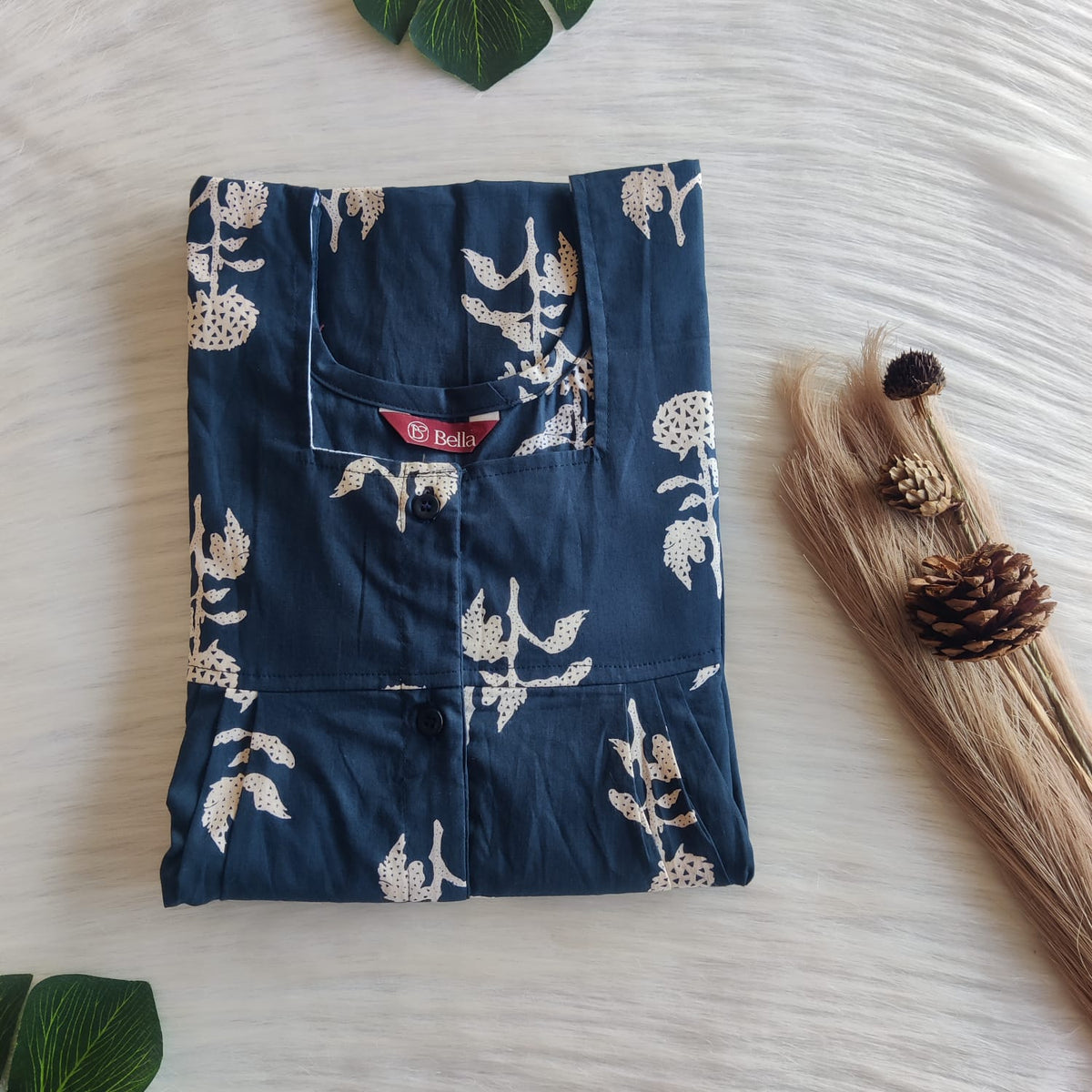 Cream Printed Teal Blue Premium Cotton Full Open Labour Room Nighty | Free Size | Chest Width 44"| Length 54"-56"