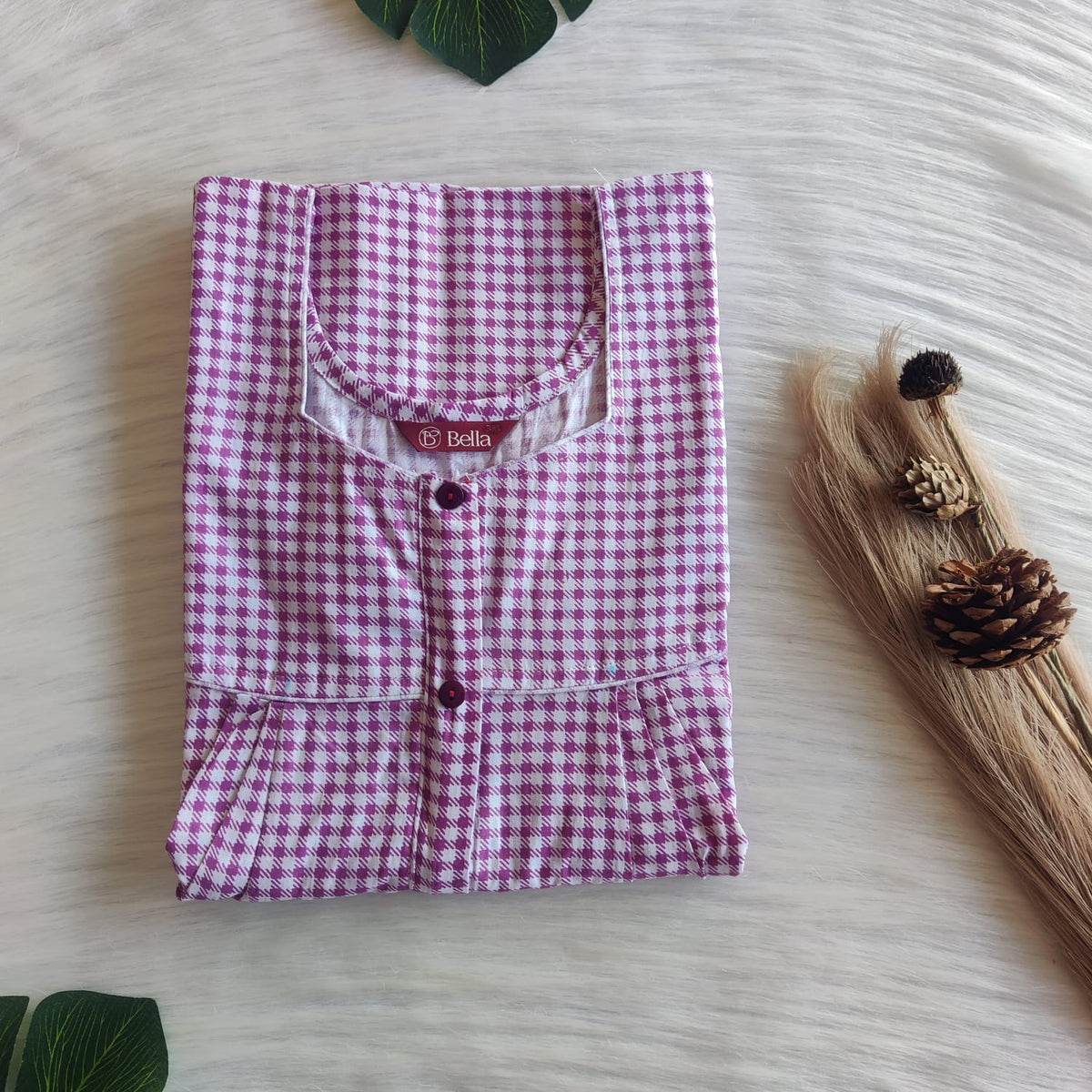 Violet Check Printed Premium Cotton Button Zip Nighty | Free Size | Chest Width 44″| Length 55″-56″