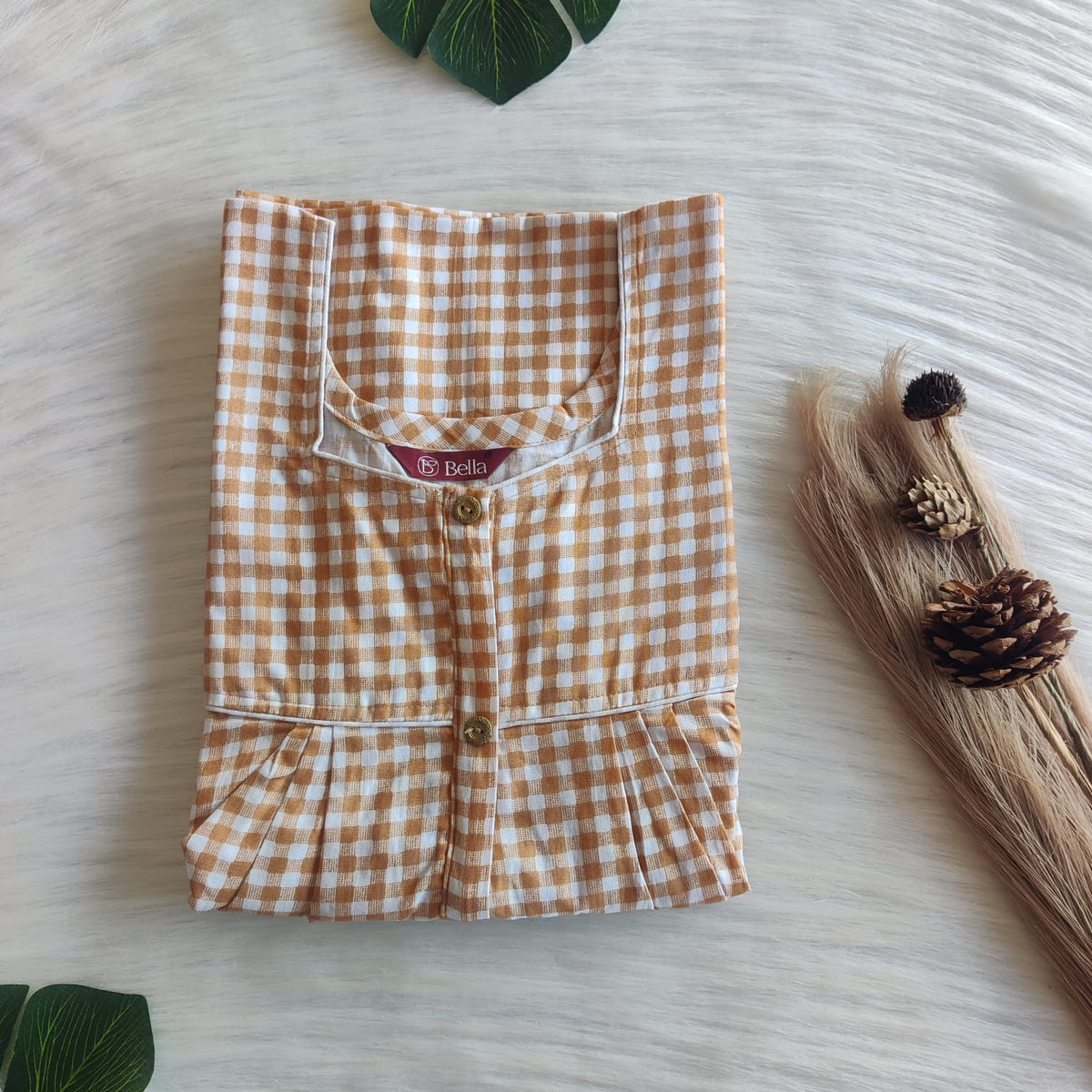 Brown Check Printed Premium Cotton Button Zip Nighty | Free Size | Chest Width 44″| Length 55″-56″