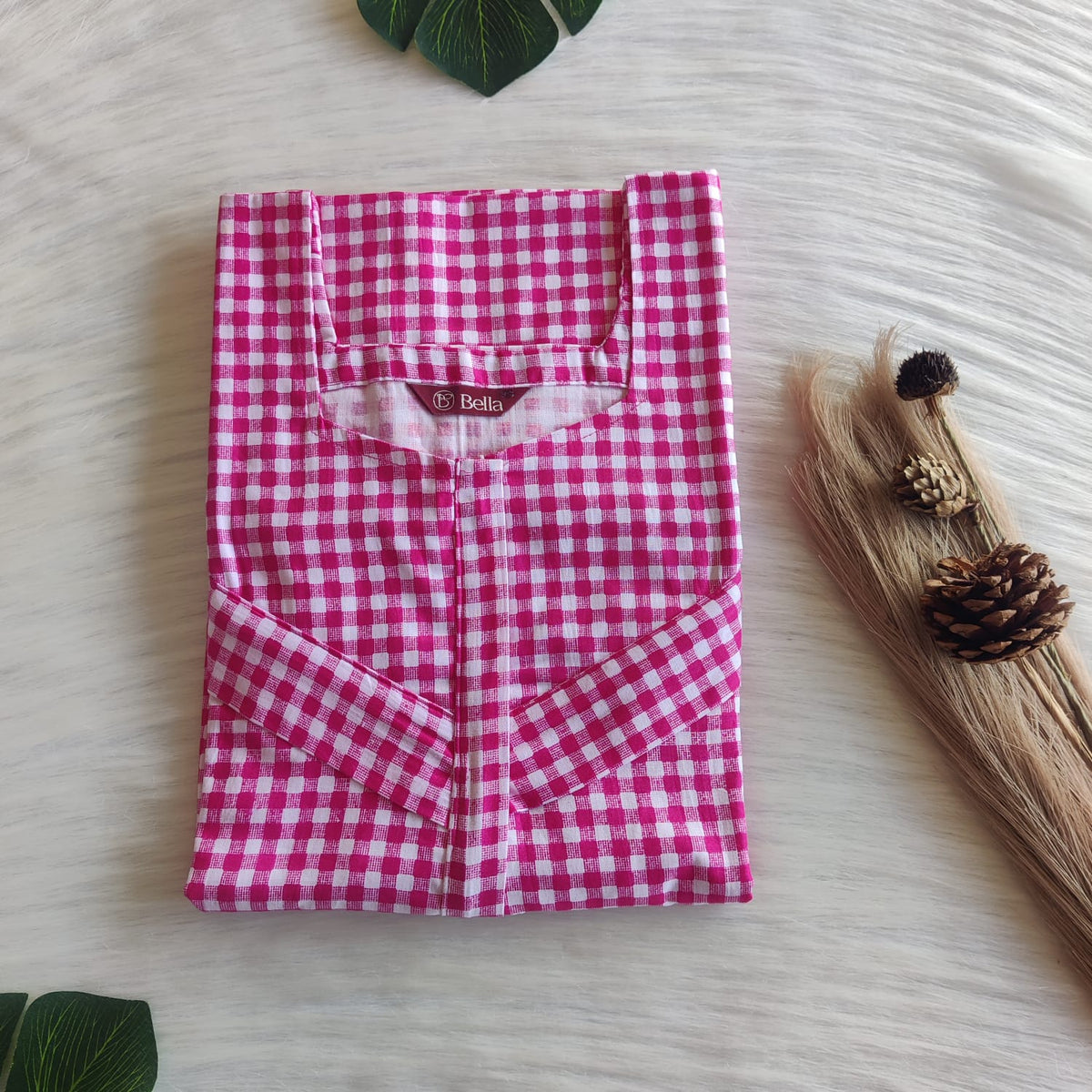 Pink Check Printed Premium Cotton Horizontal Zip Feeding Nighty | Free Size | Chest Width 44″| Length 54″-56″|