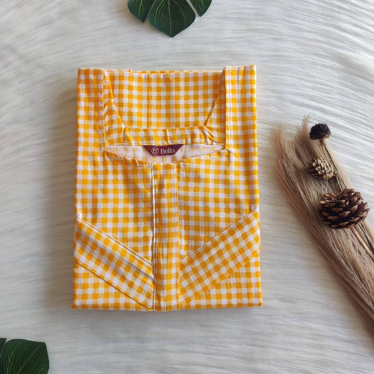 Yellow Check Printed Premium Cotton Horizontal Zip Feeding Nighty | Free Size | Chest Width 44″| Length 54″-56″|