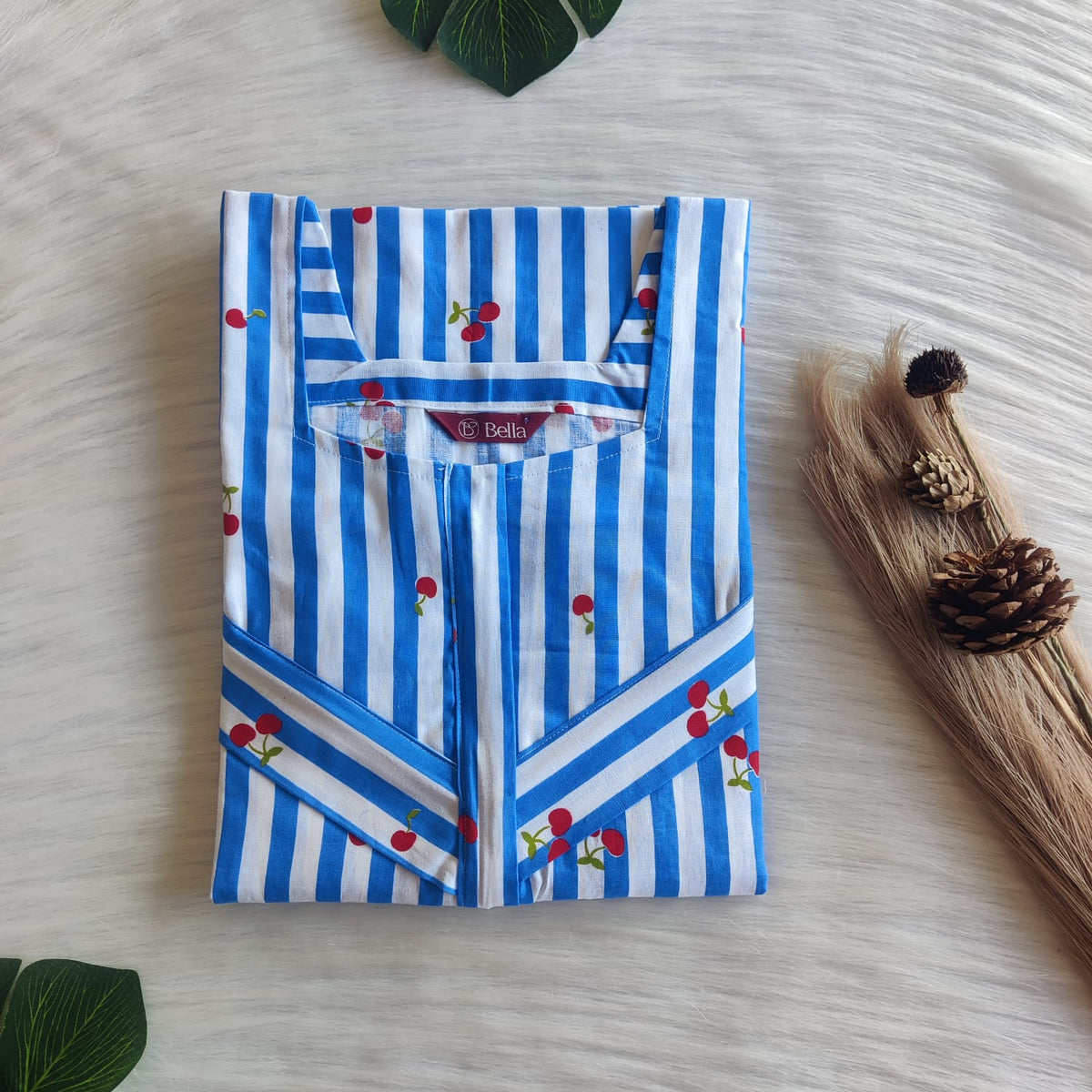 Cherry Printed Blue Stripes Premium Cotton Horizontal Zip Feeding Nighty | Free Size | Chest Width 44″| Length 54″-56″|