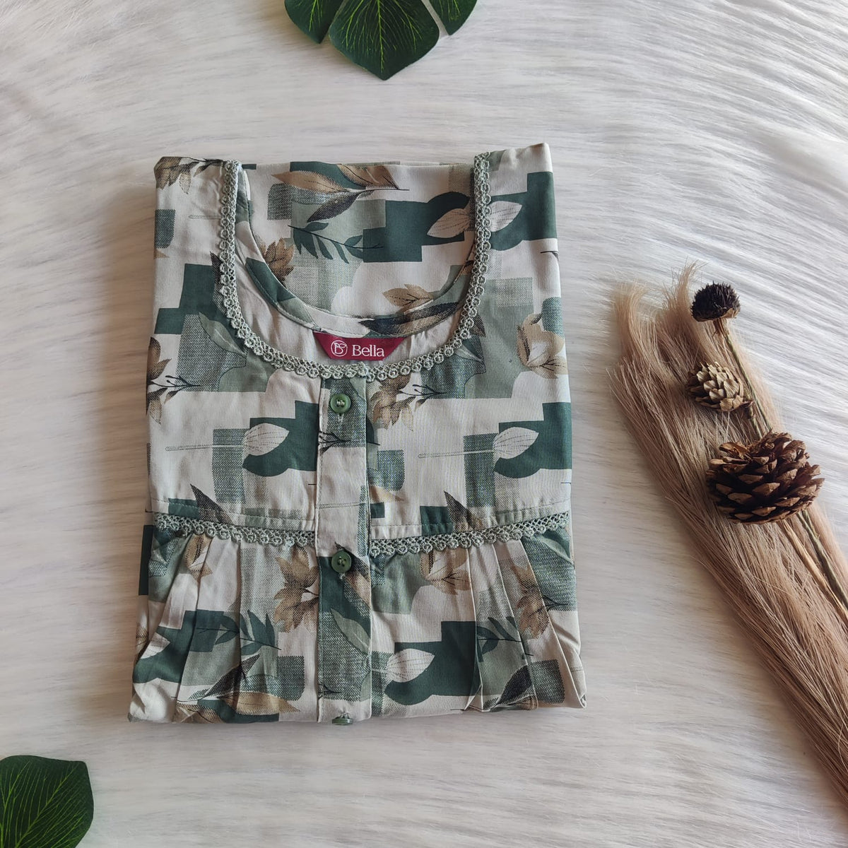 Pastel Green Printed Rayon Lace Button Nighty | Free Size | Chest Width 44"| Length 54"-56"