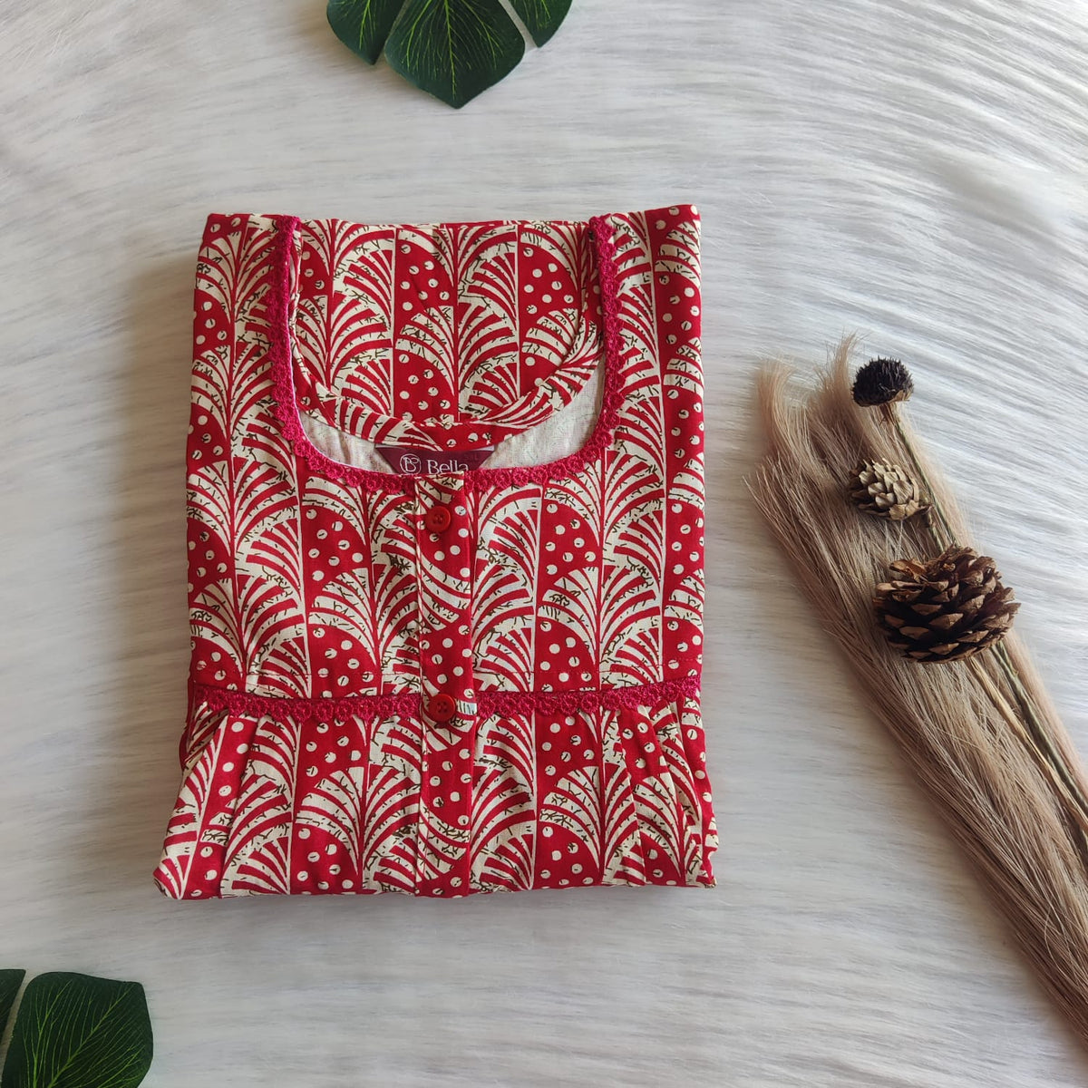 Cream Printed Red Gujari Cotton Lace Button Nighty | Free Size | Chest Width 44"| Length 54"-56"