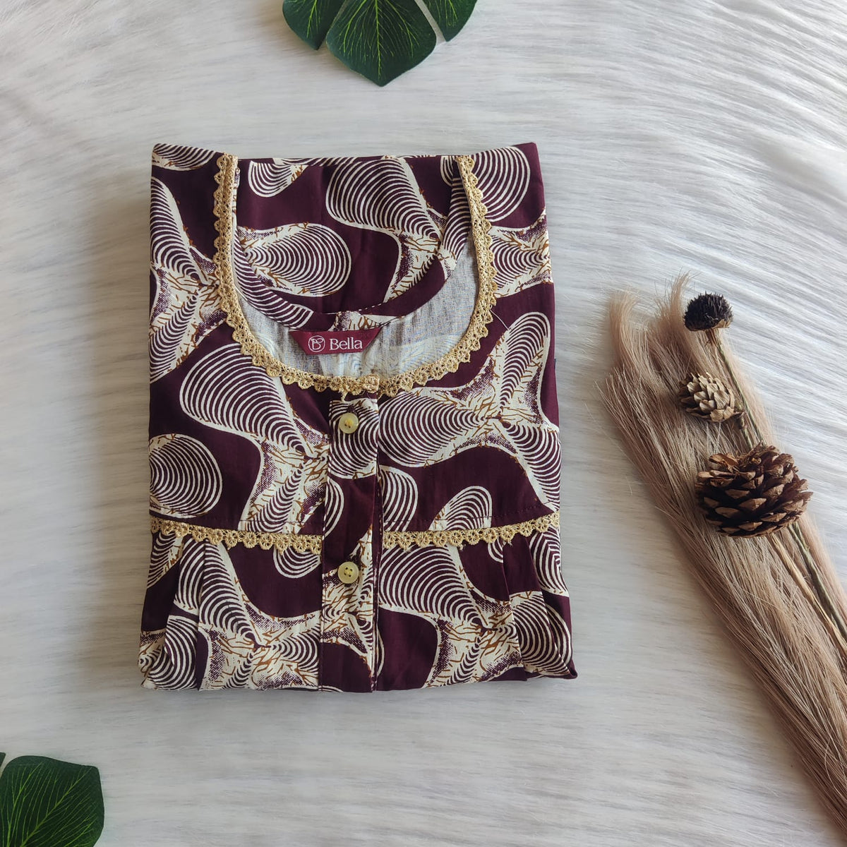 Cream Printed Brown Gujari Cotton Lace Button Nighty | Free Size | Chest Width 44"| Length 54"-56"