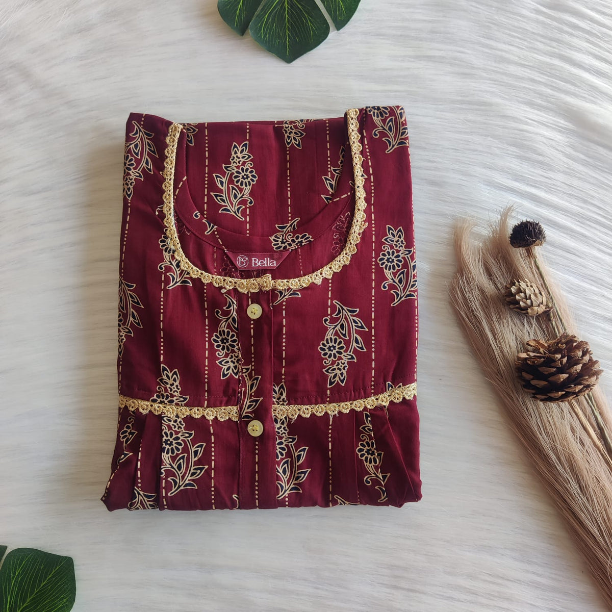 Cream Floral Printed Maroon Gujari Cotton Lace Button Nighty | Free Size | Chest Width 44"| Length 54"-56"