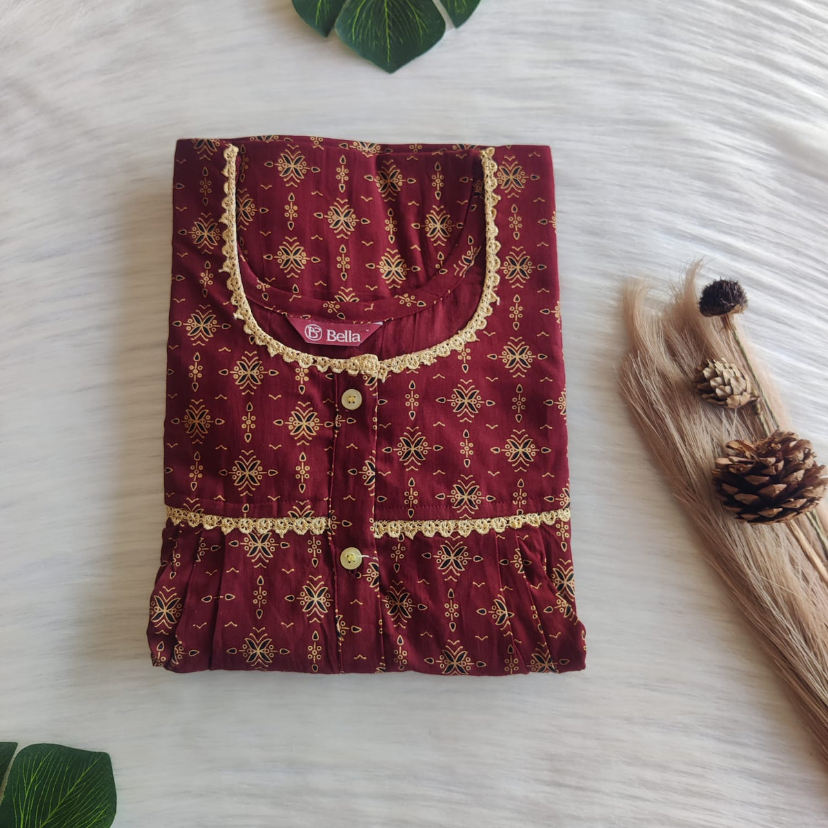 Cream Printed Maroon Gujari Cotton Lace Button Nighty | Free Size | Chest Width 44"| Length 54"-56"