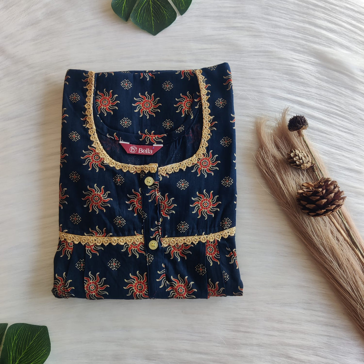 Red Floral Printed Navy Blue Gujari Cotton Lace Button Nighty | Free Size | Chest Width 44"| Length 54"-56"