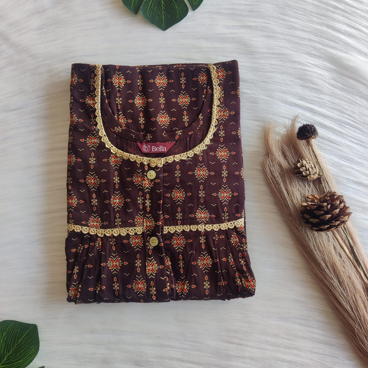 Red Printed Coffee Brown Gujari Cotton Lace Button Nighty | Free Size | Chest Width 44"| Length 54"-56"