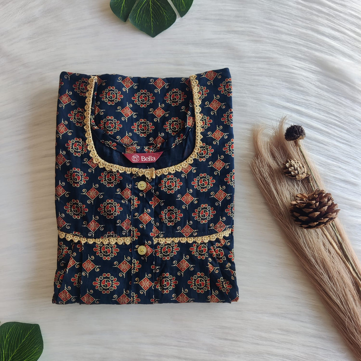 Red Printed Navy Blue Gujari Cotton Lace Button Nighty | Free Size | Chest Width 44"| Length 54"-56"