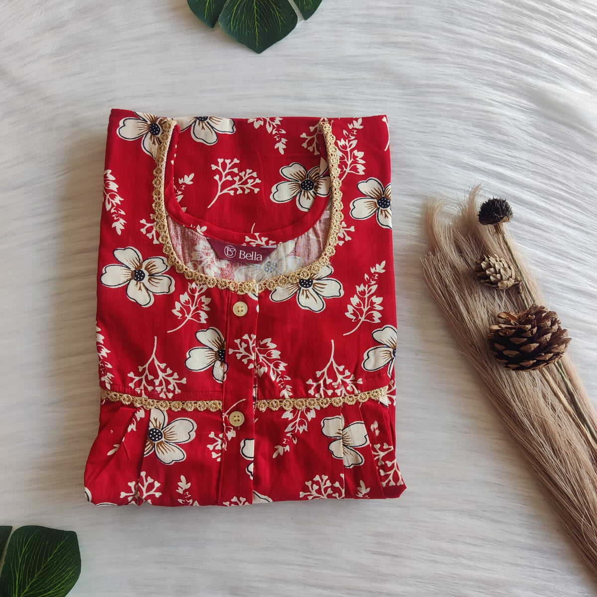 Cream Floral Printed Red Gujari Cotton Lace Button Nighty | Free Size | Chest Width 44"| Length 54"-56"