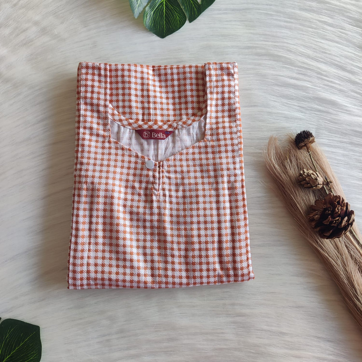 Brown Check Printed Premium Cotton Aline Cut Vertical Zip Feeding Nighty | Free Size | Chest Width 44″| Length 54″-56″