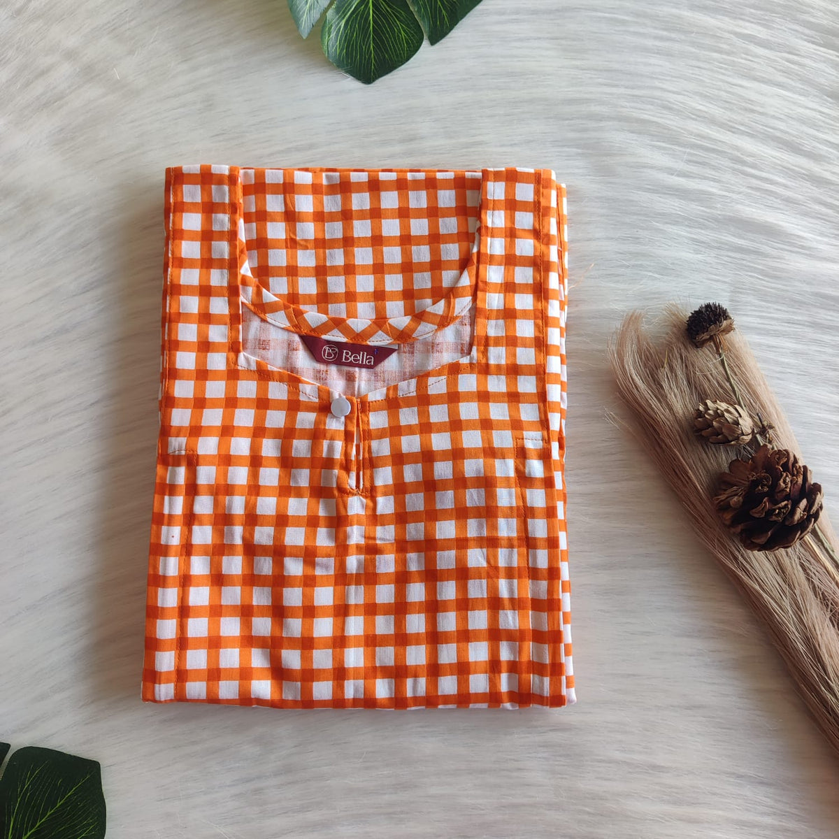 Orange Check Printed Premium Cotton Aline Cut Vertical Zip Feeding Nighty | Free Size | Chest Width 44″| Length 54″-56″