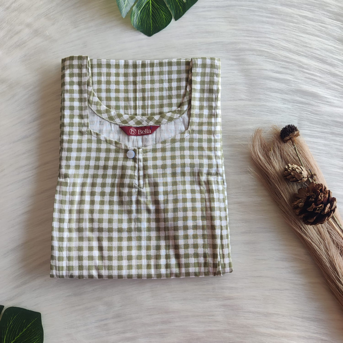 Green Check Printed Premium Cotton Aline Cut Vertical Zip Feeding Nighty | Free Size | Chest Width 44″| Length 54″-56″