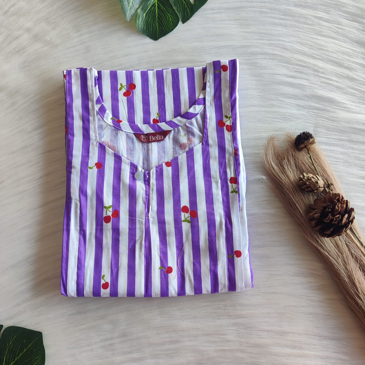 Cherry Printed Purple Stripes Premium Cotton Aline Cut Vertical Zip Feeding Nighty | Free Size | Chest Width 44″| Length 54″-56″