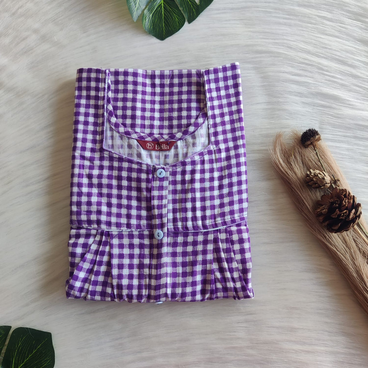 Purple Check Printed Premium Cotton Button Zip Nighty | Free Size | Chest Width 44″| Length 55″-56″