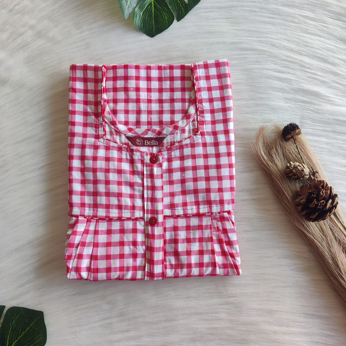Pink Check Premium Cotton Button Zip Nighty | Free Size | Chest Width 44″| Length 55″-56″