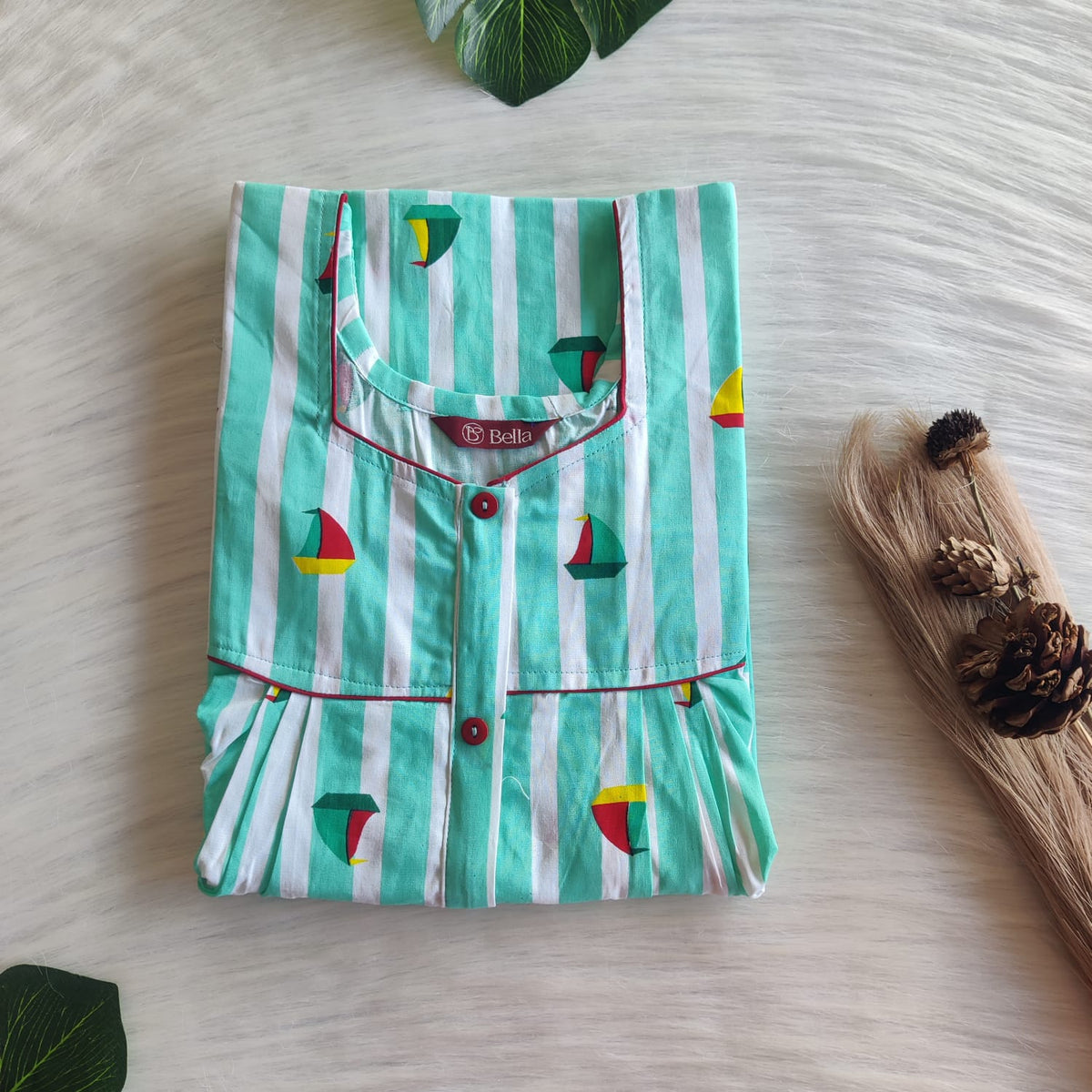 Green Stripes Printed Premium Cotton Button Zip Nighty | Free Size | Chest Width 44″| Length 55″-56″