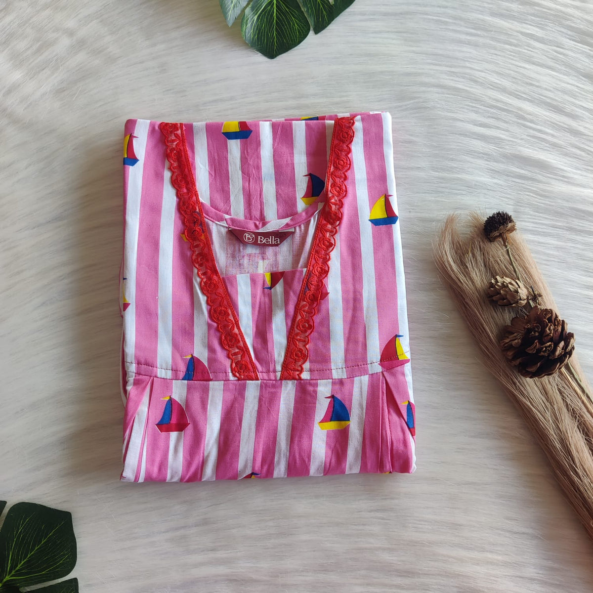 Pink Stripes Printed Premium Cotton Two Side Vertical Lace Zip Feeding Nighty | Free Size | Chest Width 44″| Length 56″