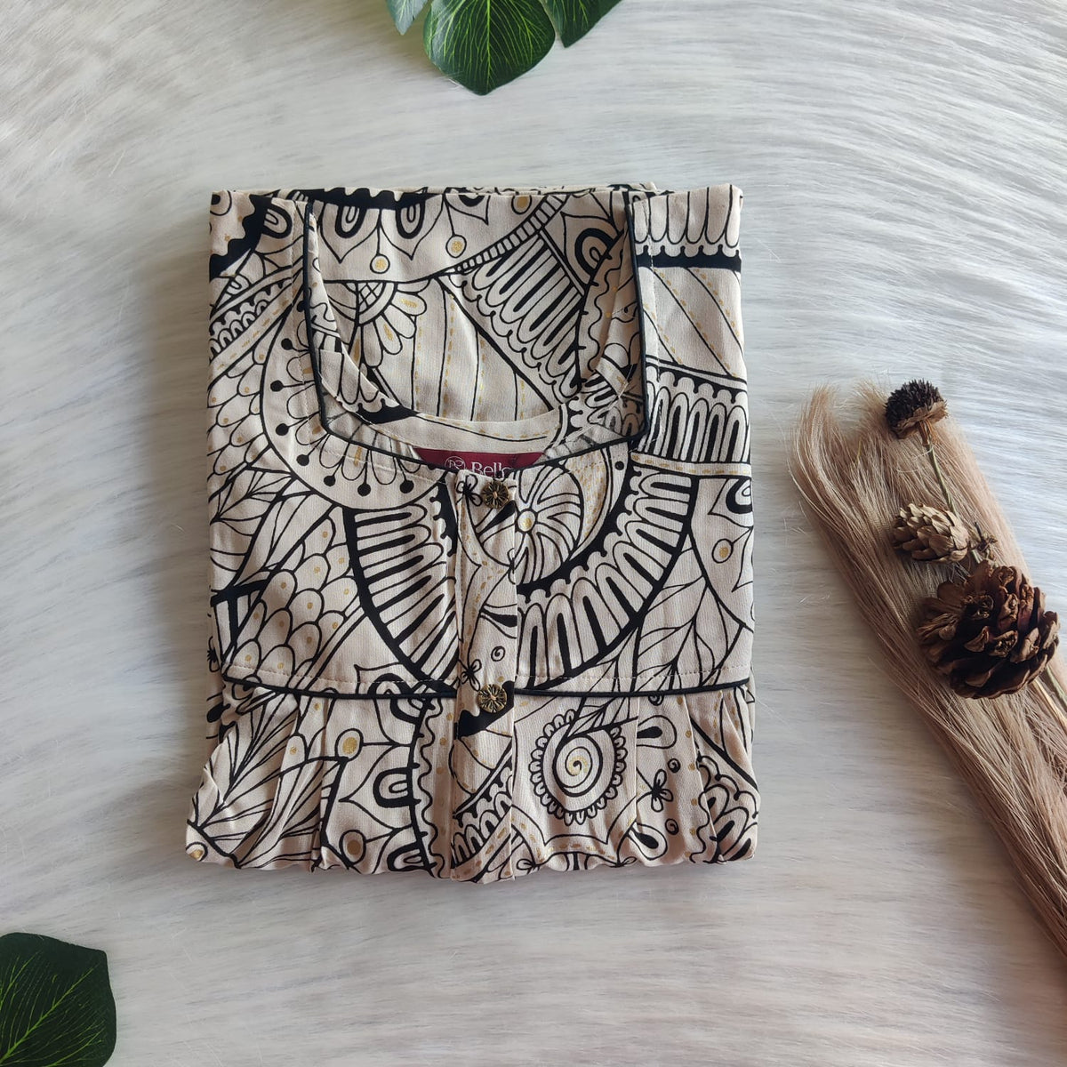 Black Printed Beige Rayon Button Zip Nighty | Free Size | Chest Width 44″| Length 55″-56″