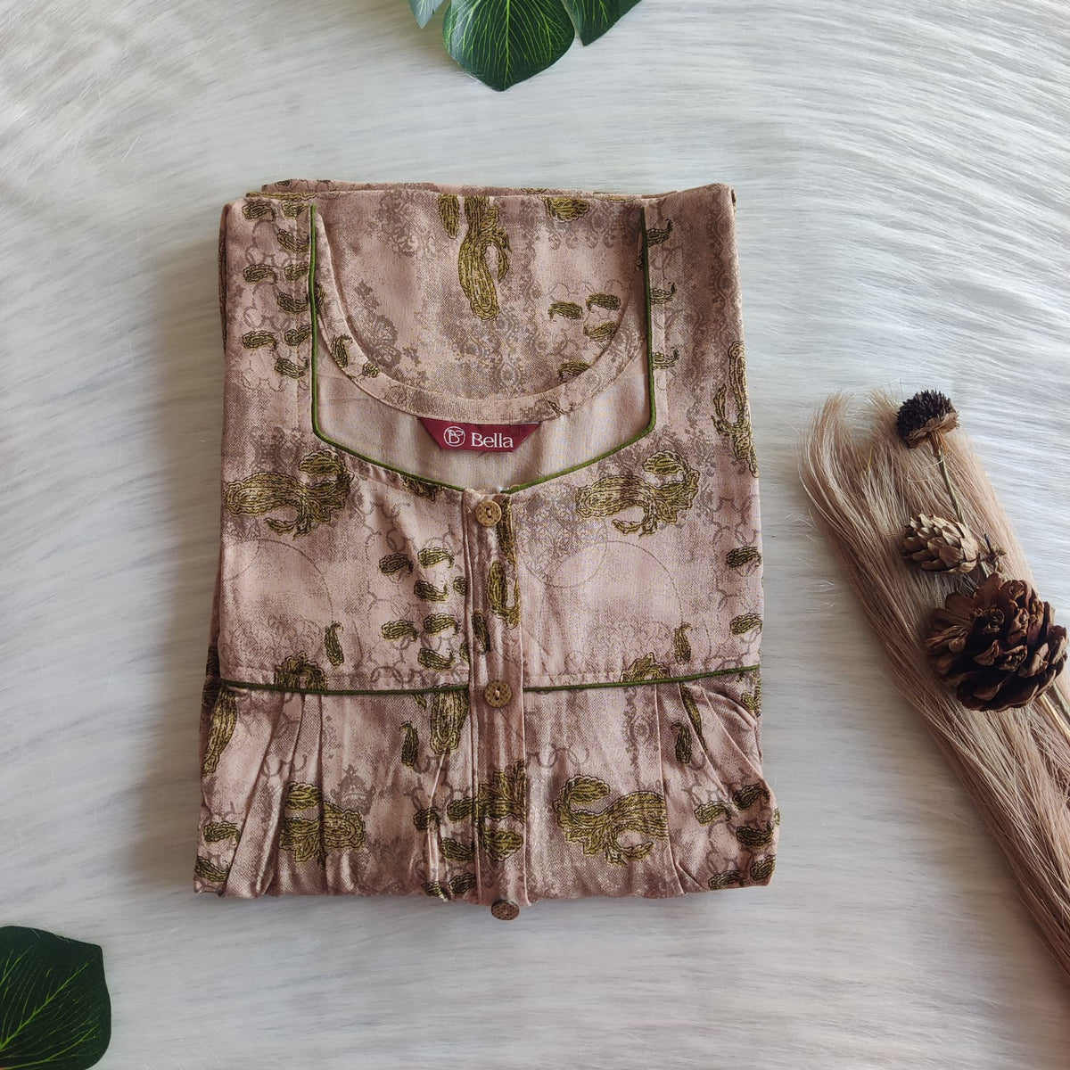 Pastel Brown Printed Rayon Button Zip Nighty | Free Size | Chest Width 44″| Length 55″-56″