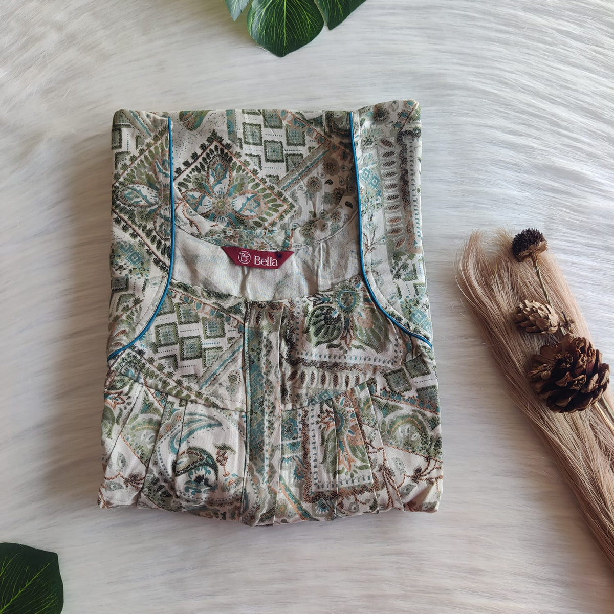 Green Printed Biege Rayon Pleated Zip Nighty | Free Size | Chest Width 44″| Length 54″-55″