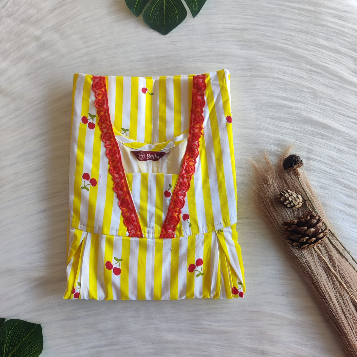 Cherry Printed Yellow Stripes Premium Cotton Two Side Vertical Lace Zip Feeding Nighty | Free Size | Chest Width 44″| Length 56″