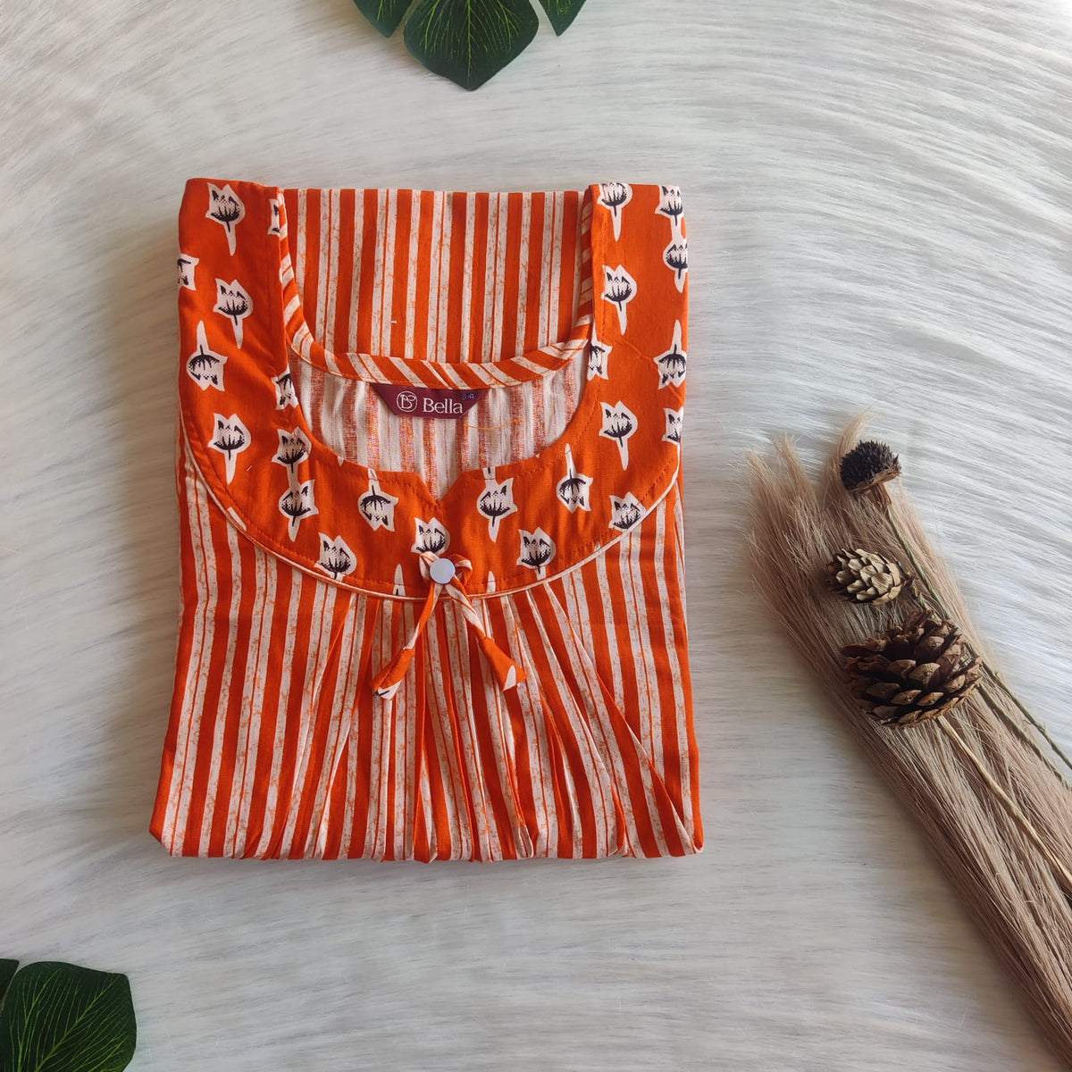 Orange And White Stripes Printed Premium Cotton No Zip Pleated Nighty | Free Size | Chest Width 44″| Length 55″-56″