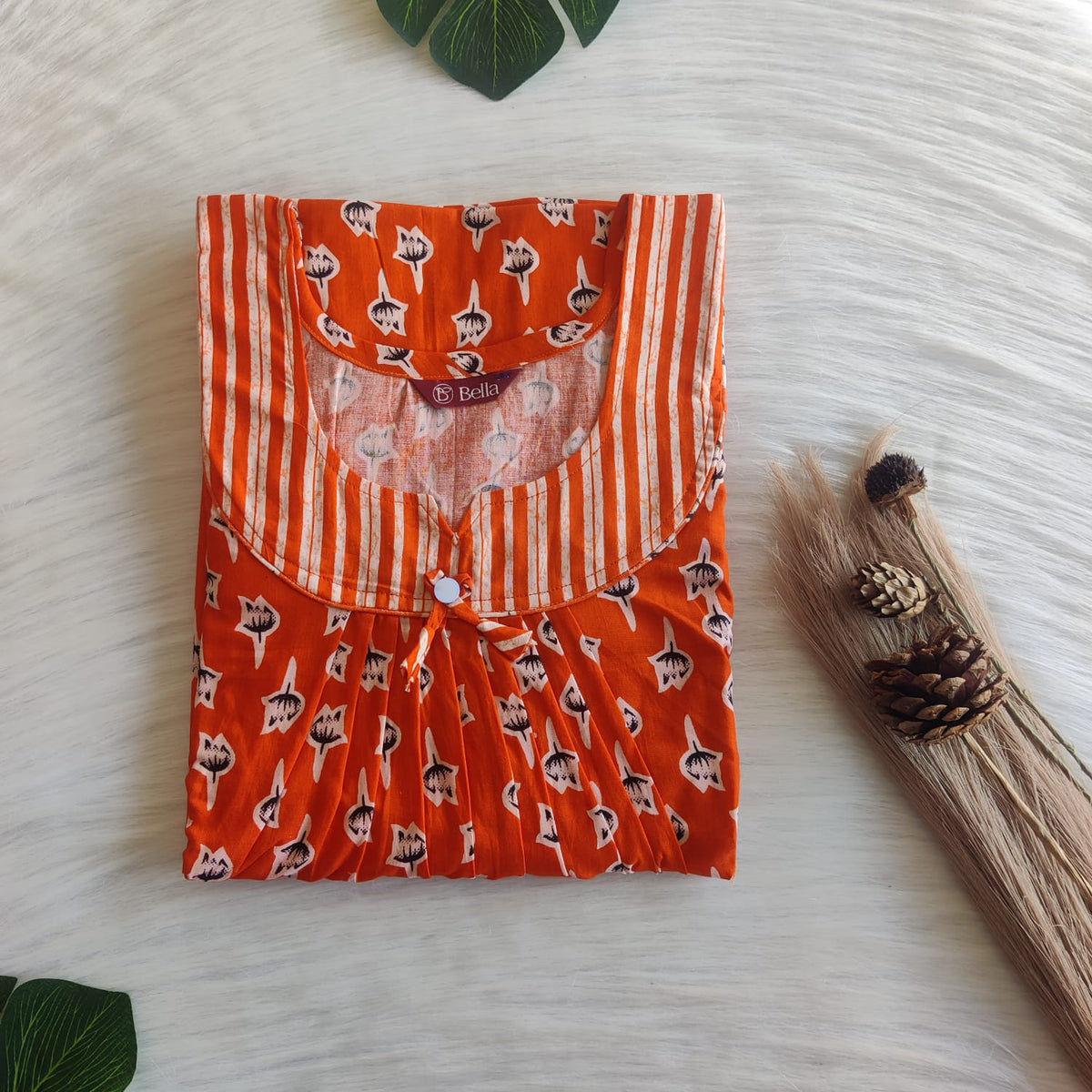 White And Orange Floral Printed Premium Cotton No Zip Pleated Nighty | Free Size | Chest Width 44″| Length 55″-56″