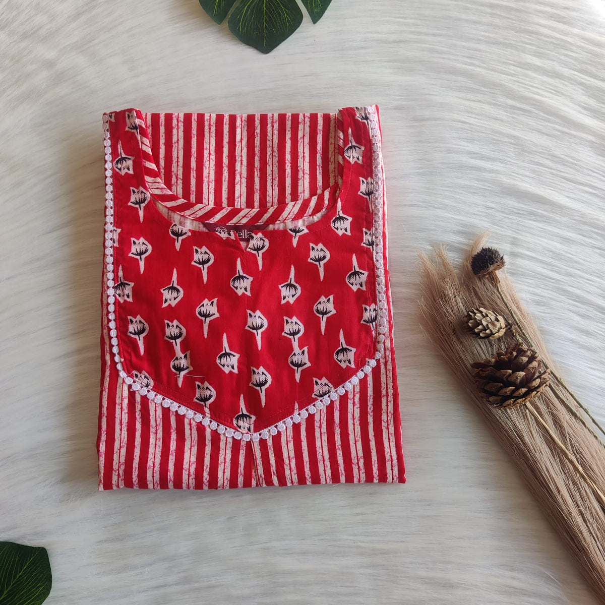 Red And White Stripes Printed Premium Cotton Mix N Match Lace Pocket Nighty | Free Size | Chest Width 44″| Length 56″