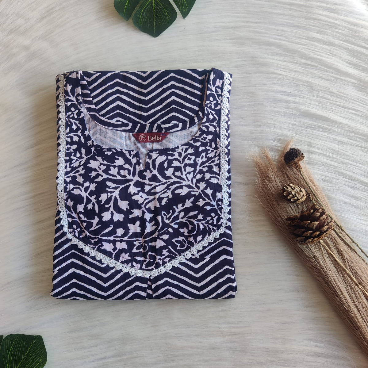 White And Navy Blue Zig Zag Printed Premium Cotton Mix N Match Lace Pocket Nighty | Free Size | Chest Width 44″| Length 56″
