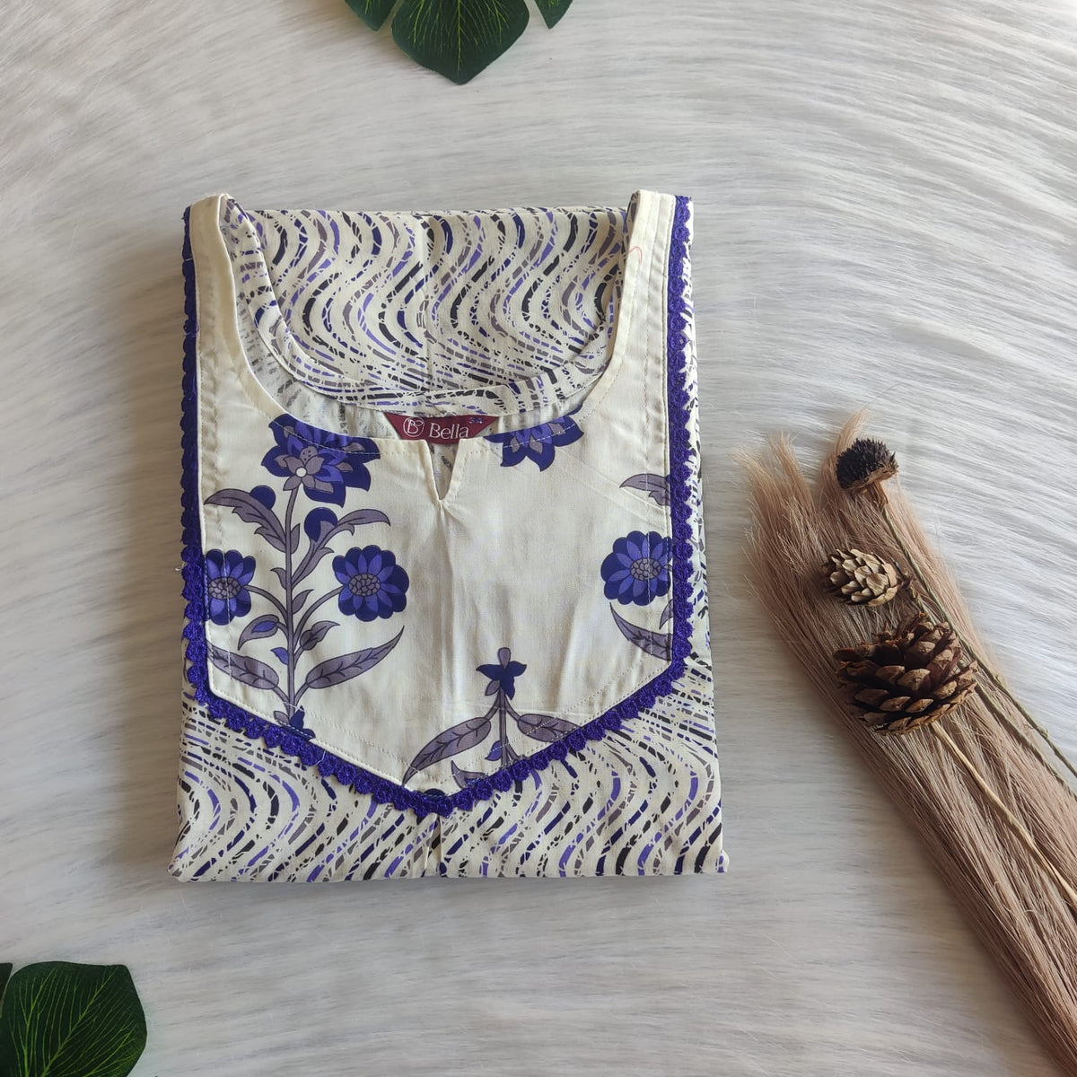 Purple And Ivory Stripes Printed Premium Cotton Mix N Match Lace Pocket Nighty | Free Size | Chest Width 44″| Length 56″