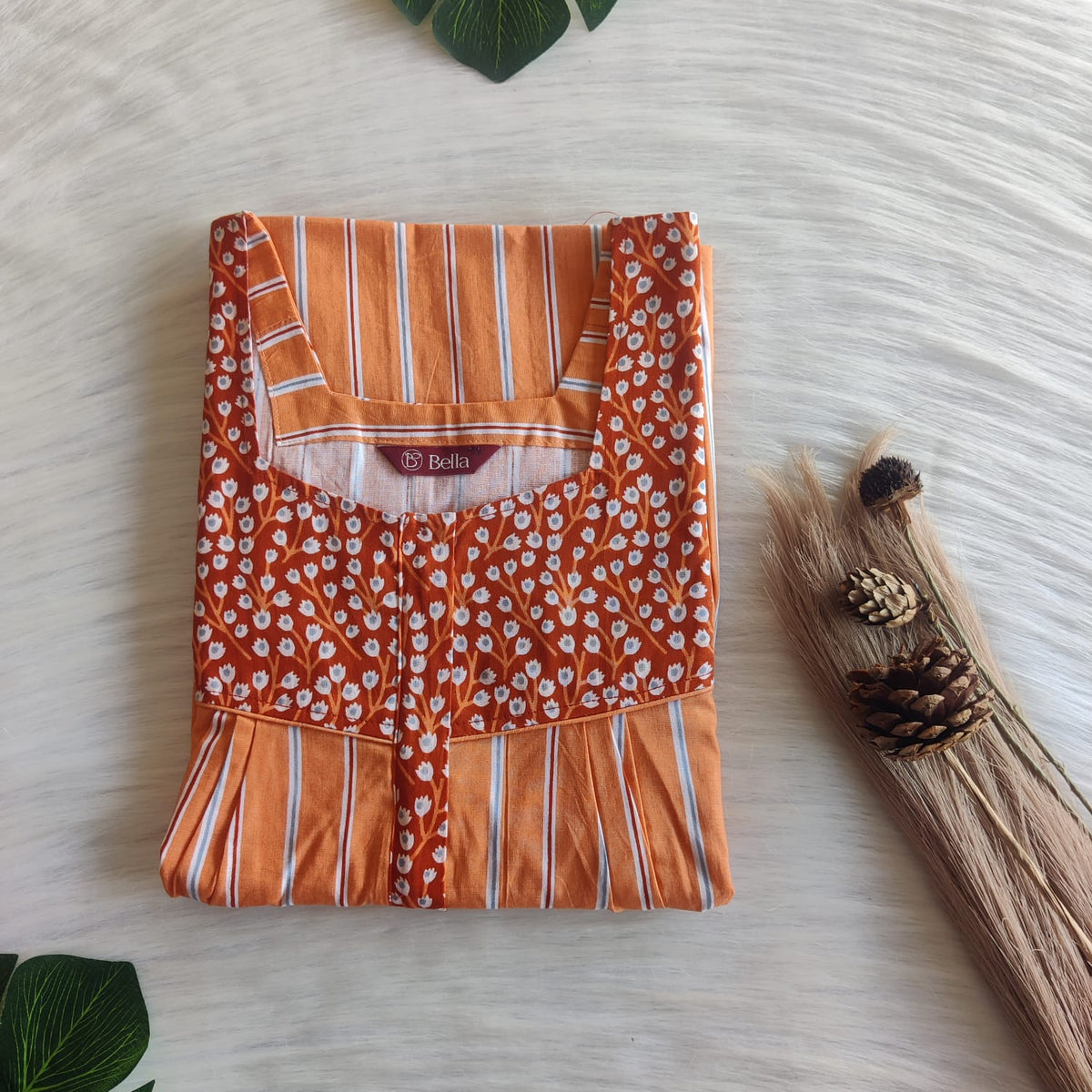 Dark And Pale Brown Stripes Printed Premium Cotton Square Neck Pleated Nighty | Free Size | Chest Width 44″| Length 55″-56″