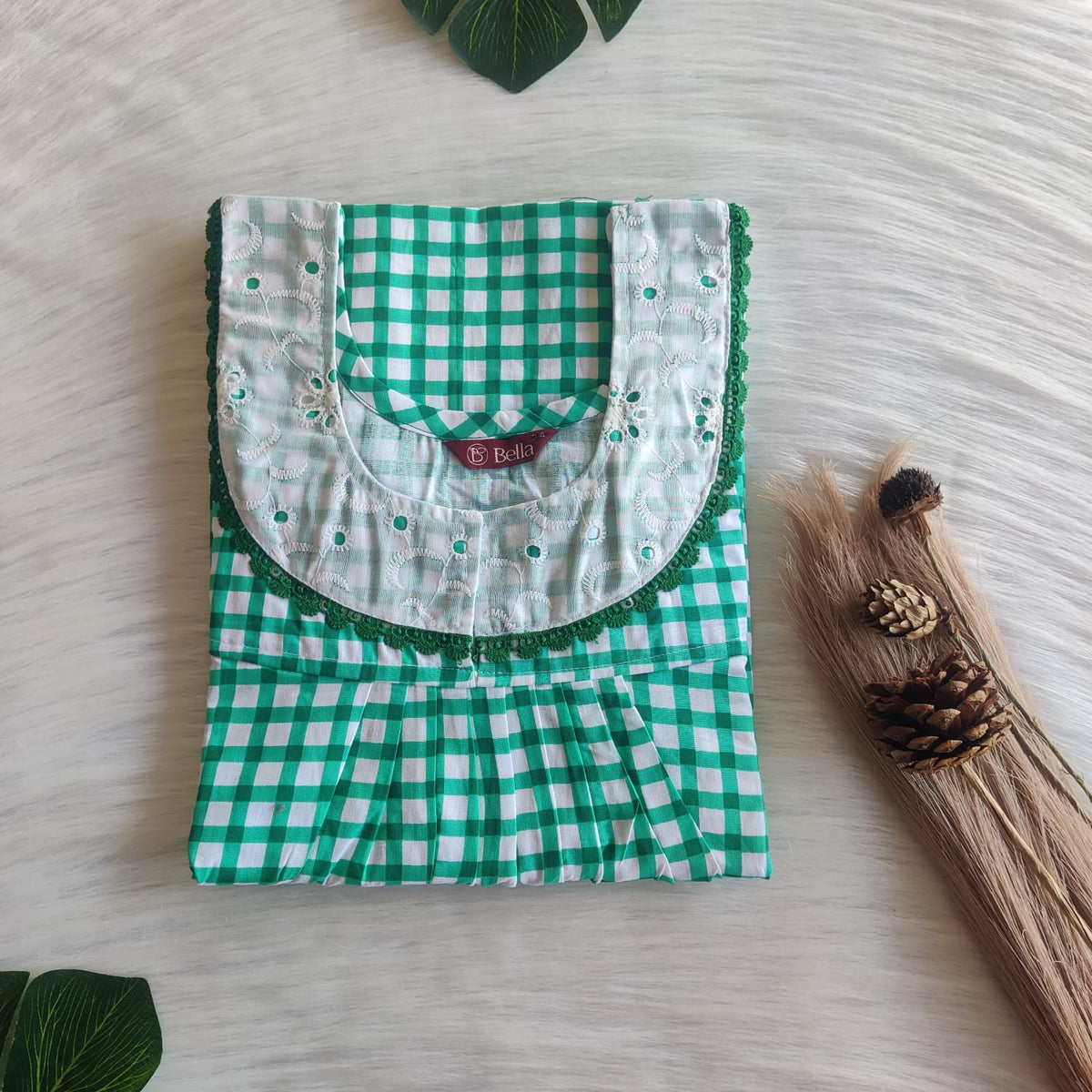 Green Check Printed Premium Cotton Hakoba Lace Nighty | Free Size | Chest Width 44″| Length 54″-56″