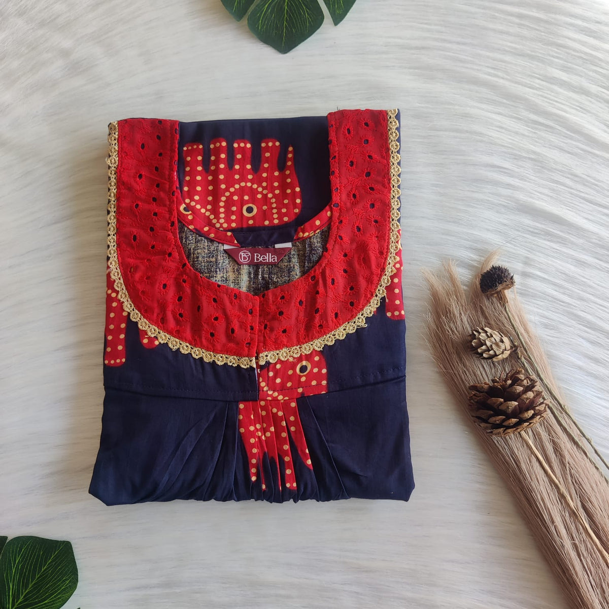 Elephant Printed Navy Blue Premium Cotton Hakoba Lace Nighty | Free Size | Chest Width 44″| Length 54″-56″