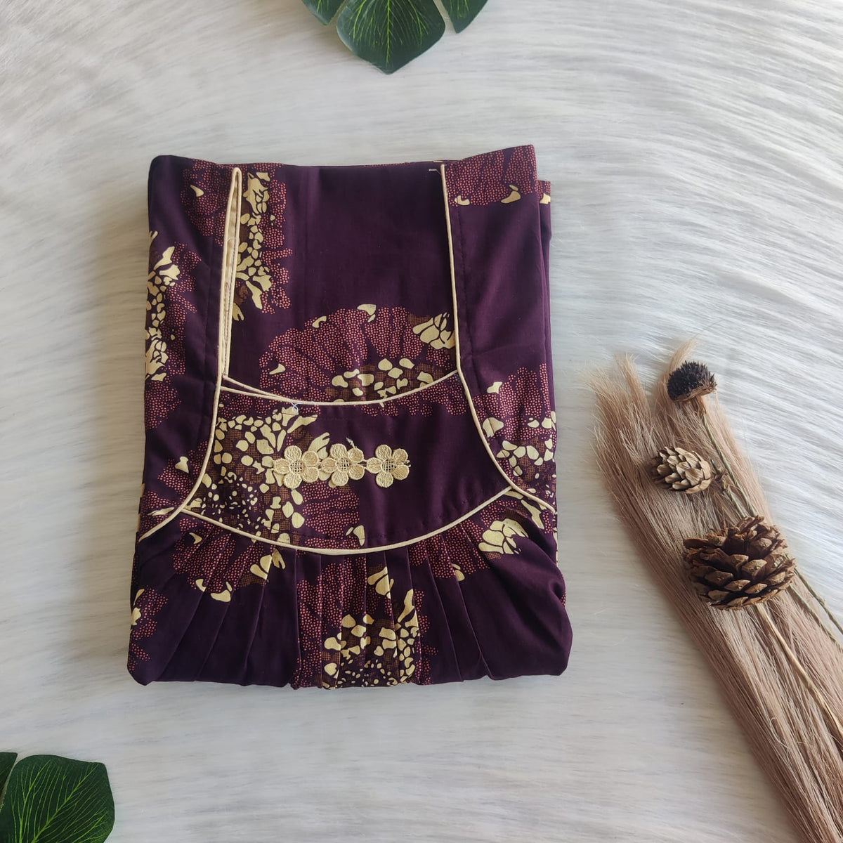 Cream Printed Wine Discharge Cotton Three Flower Nighty |Free Size | Chest Width 44"| Length 54"-55"