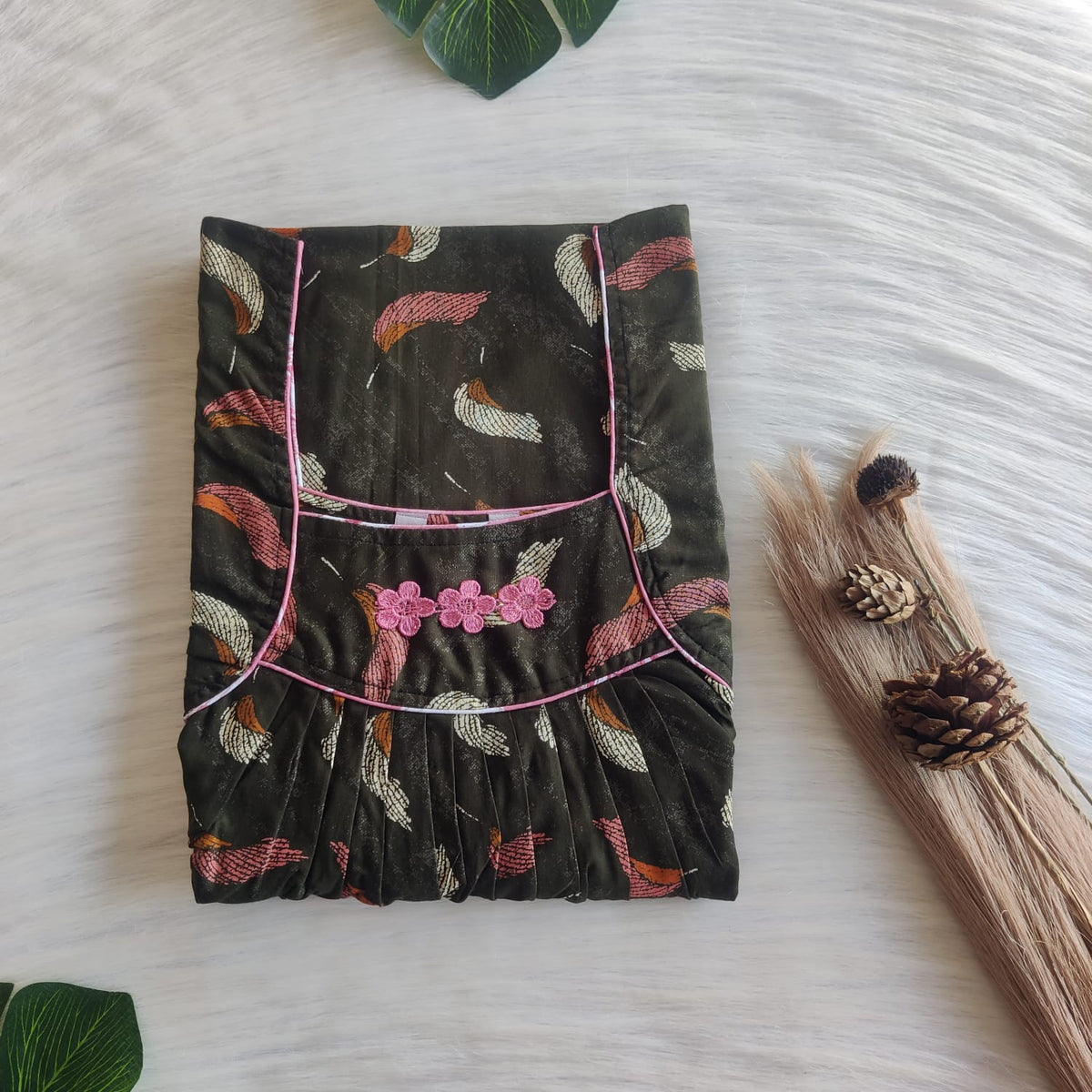 Cream Printed Green Discharge Cotton Three Flower Nighty |Free Size | Chest Width 44"| Length 54"-55"