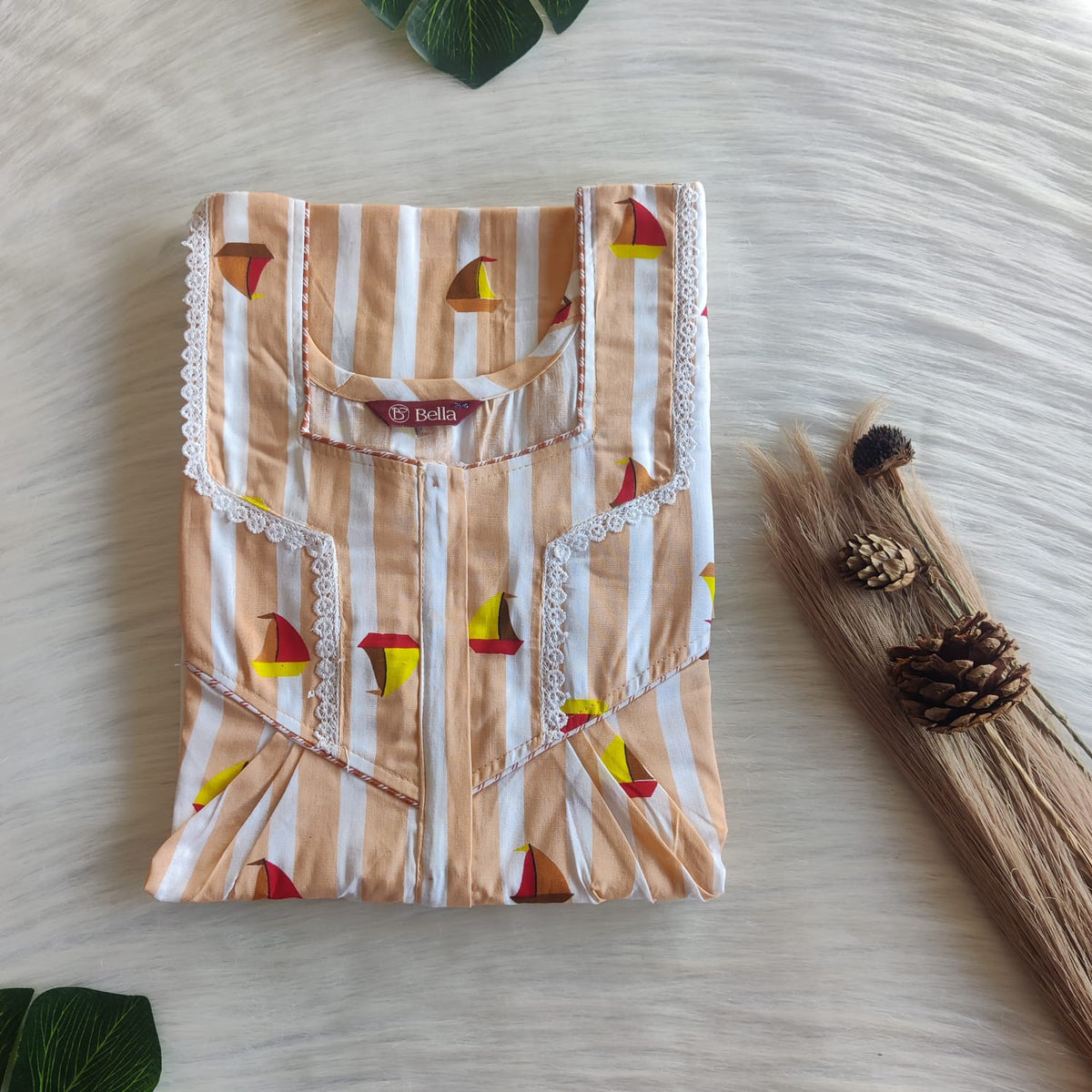 Pastel Orange Stripes Printed Premium Cotton Long Zip Lace Feeding Nighty | Free Size | Chest Width 44″| Length 56″