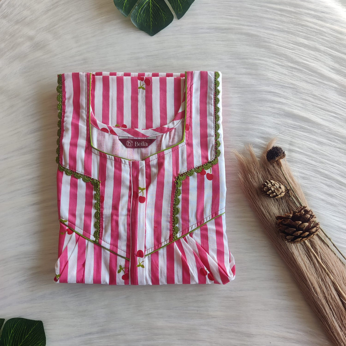Cherry Printed Pink Stripes Printed Premium Cotton Long Zip Lace Feeding Nighty | Free Size | Chest Width 44″| Length 56″