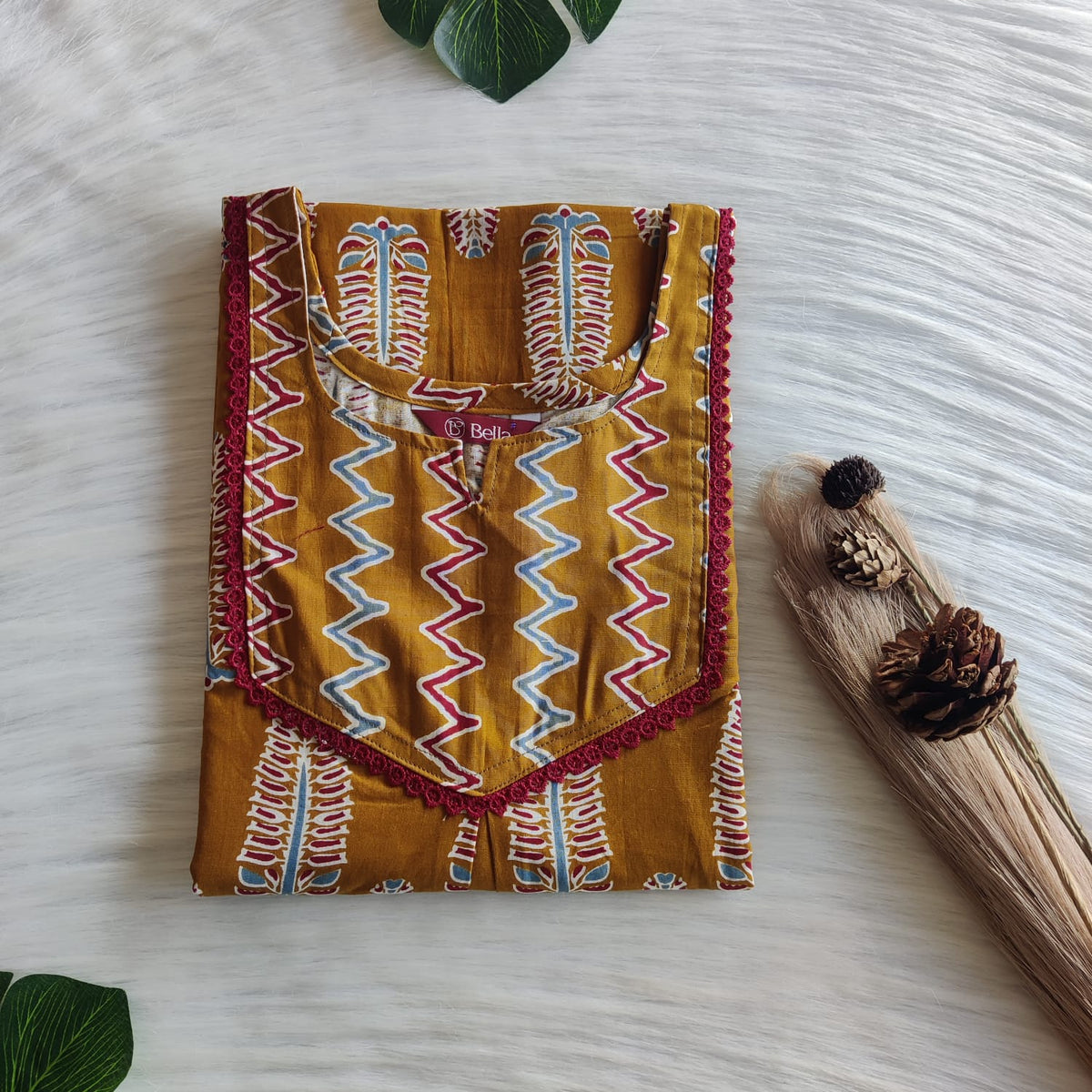 Maroon And Ochre Yellow Printed Premium Cotton Mix N Match Lace Pocket Nighty | Free Size | Chest Width 44″| Length 56″