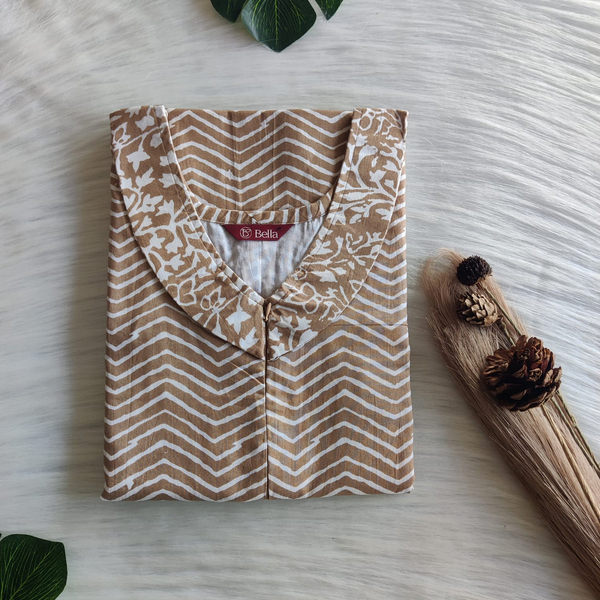 White And Pastel Brown ZigZag Printed Premium Cotton Peter Pan Collar Long Zip Feeding Nighty | Free Size | Chest Width 44″| Length 56″