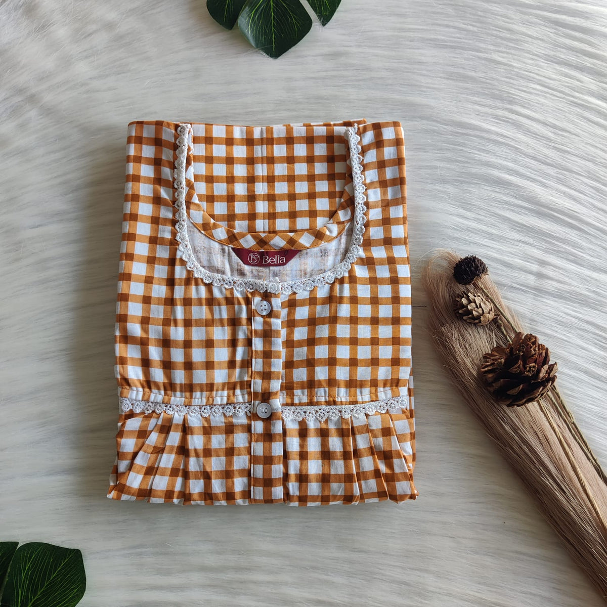 Brown Check Printed Premium Cotton Lace Button Nighty | Free Size | Chest Width 44"| Length 54"-56"