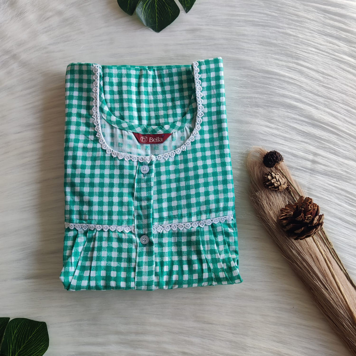 Green Check Printed Premium Cotton Lace Button Nighty | Free Size | Chest Width 44"| Length 54"-56"