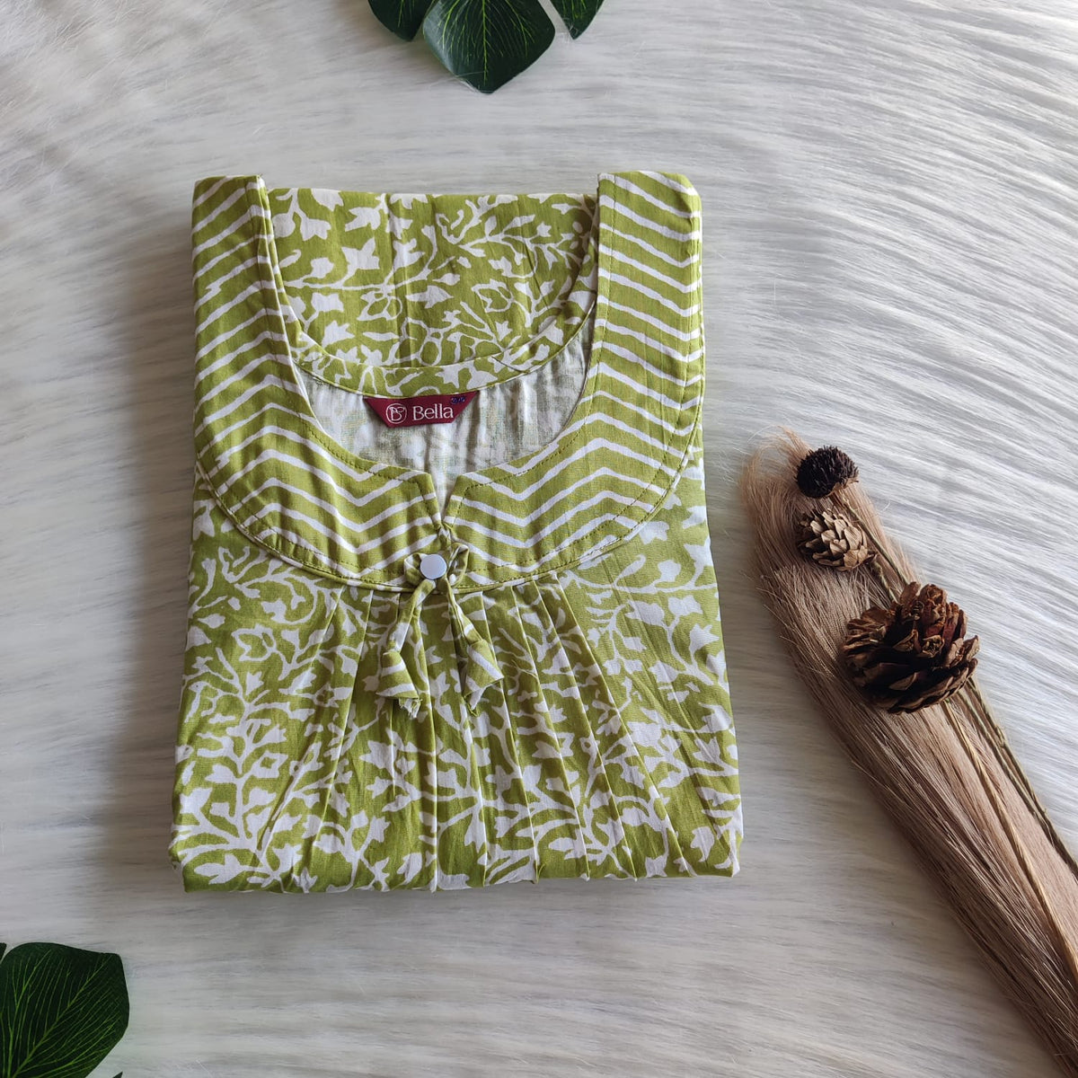 Green And White Floral Printed Premium Cotton No Zip Pleated Nighty | Free Size | Chest Width 44″| Length 55″-56″