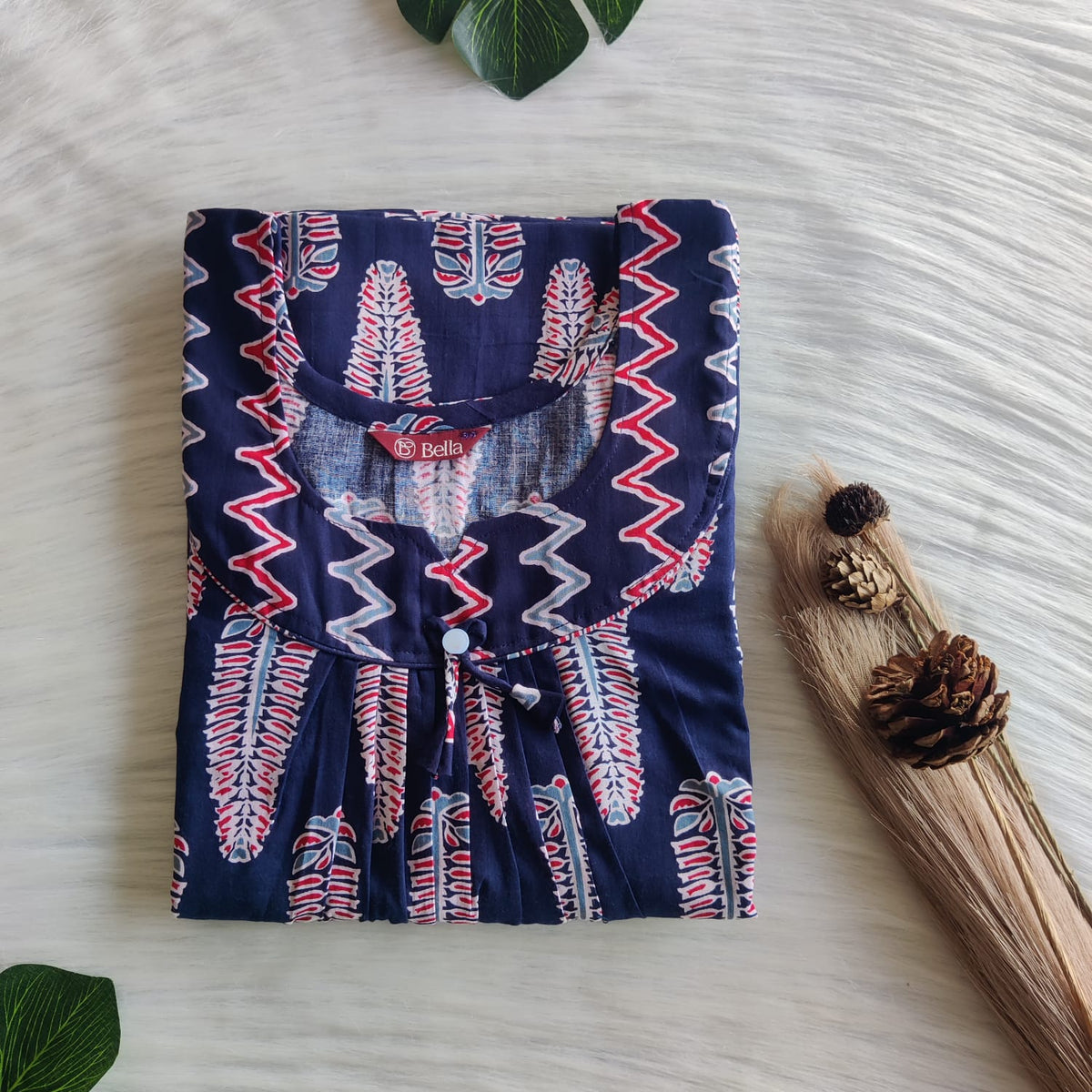Navy Blue And Red Floral Printed Premium Cotton No Zip Pleated Nighty | Free Size | Chest Width 44″| Length 55″-56″
