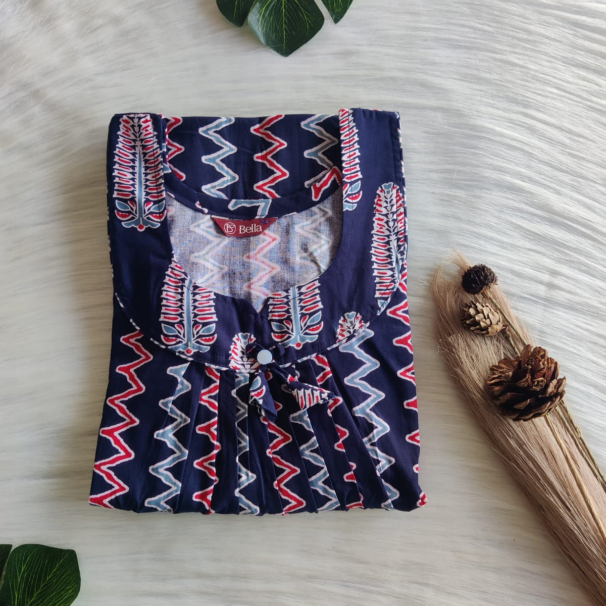 Red And Navy Blue Zig Zag Printed Premium Cotton No Zip Pleated Nighty | Free Size | Chest Width 44″| Length 55″-56″